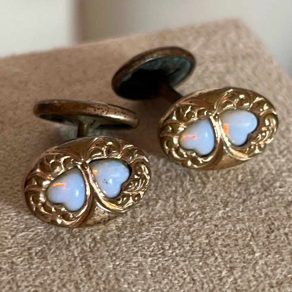 Antique Victorian Rolled Rose Gold Art deco double Opal Heart Cuff links